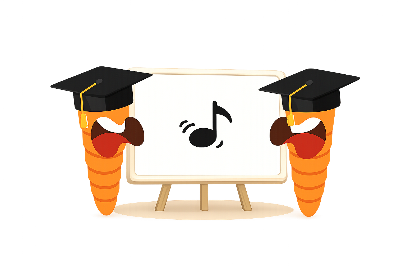 Two carrot teachers in graduation caps around a music-note whiteboard